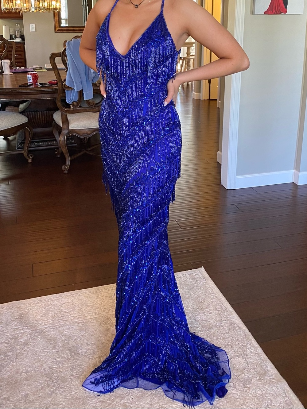 Blue Beaded Fringe Spaghetti-Strap Evening Gown